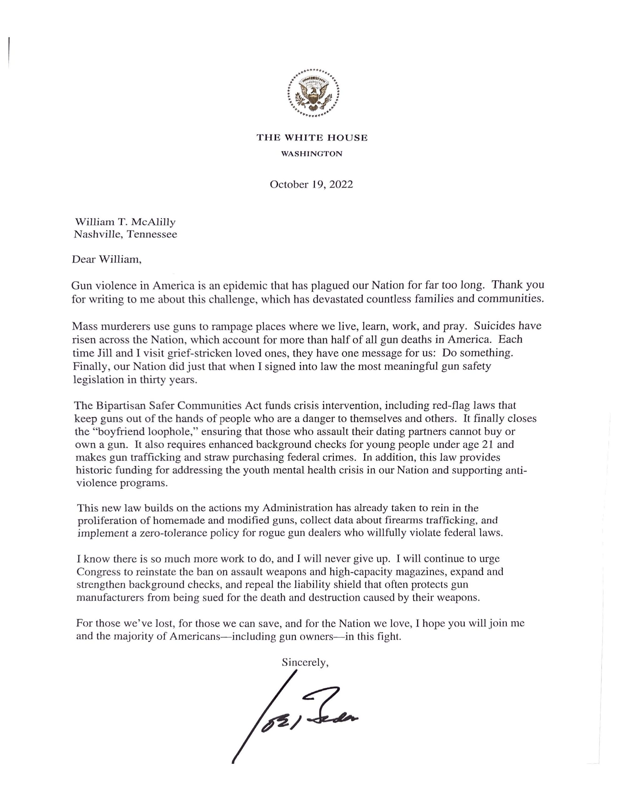 Letter from President Biden